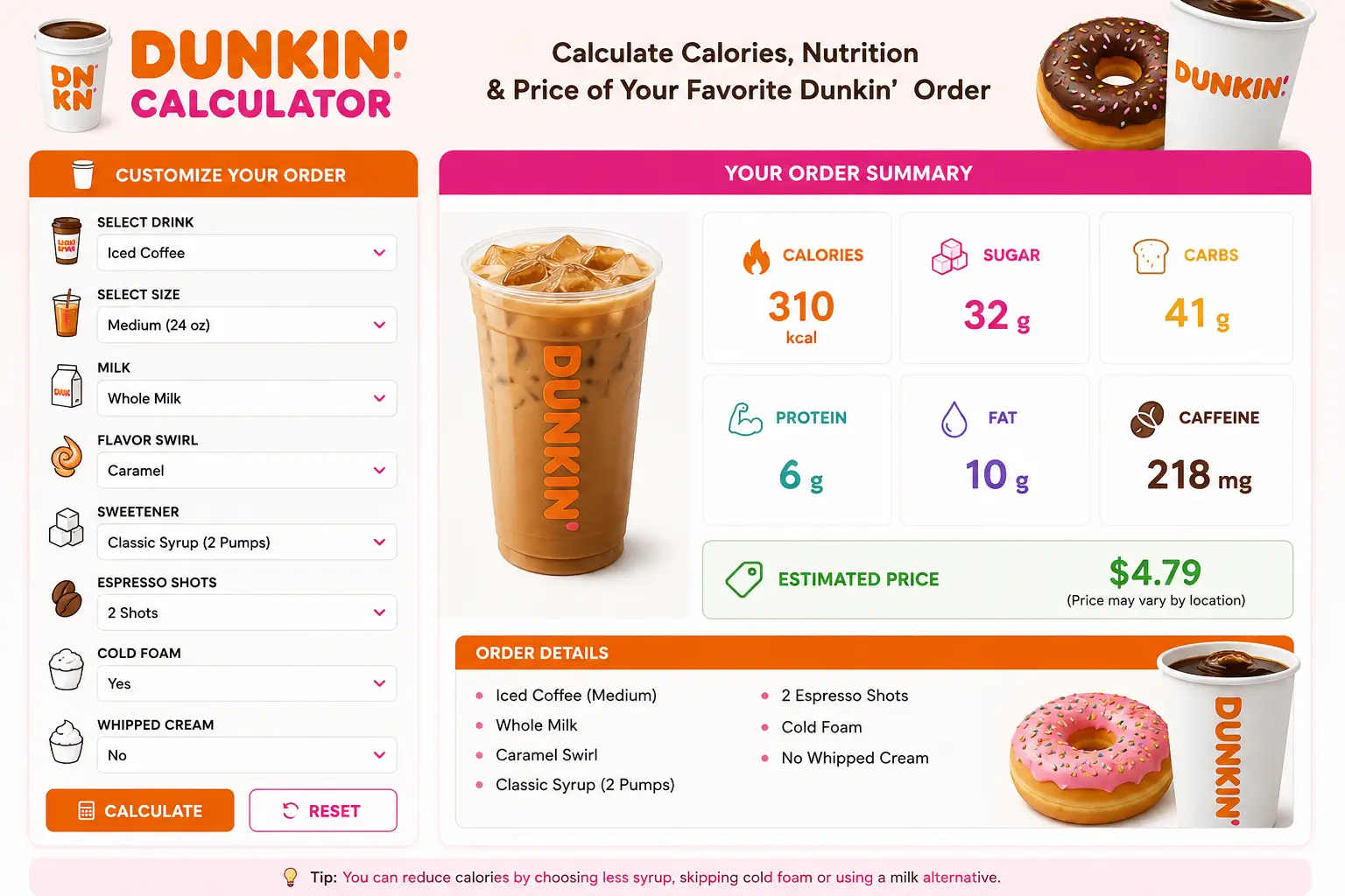 Dunkin Calculator 2026 Calories, Caffeine & Nutrition Guide